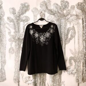 Christopher & Banks Black Top with Sequins & Silver Floral & Vine Screen.